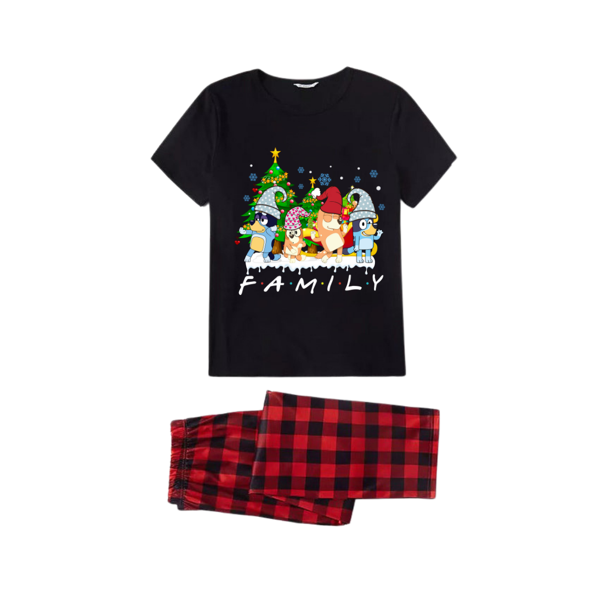 Family Christmas Cartoon Family Pajamas Set - Black Top Red Pants Red Plaid Pattern Cartoon Family Print