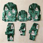 Green Ghost & Wreath Print Satin Button-Up Family Halloween Pajamas Set