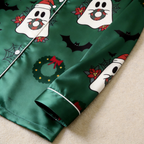 Green Ghost & Wreath Print Satin Button-Up Family Halloween Pajamas Set