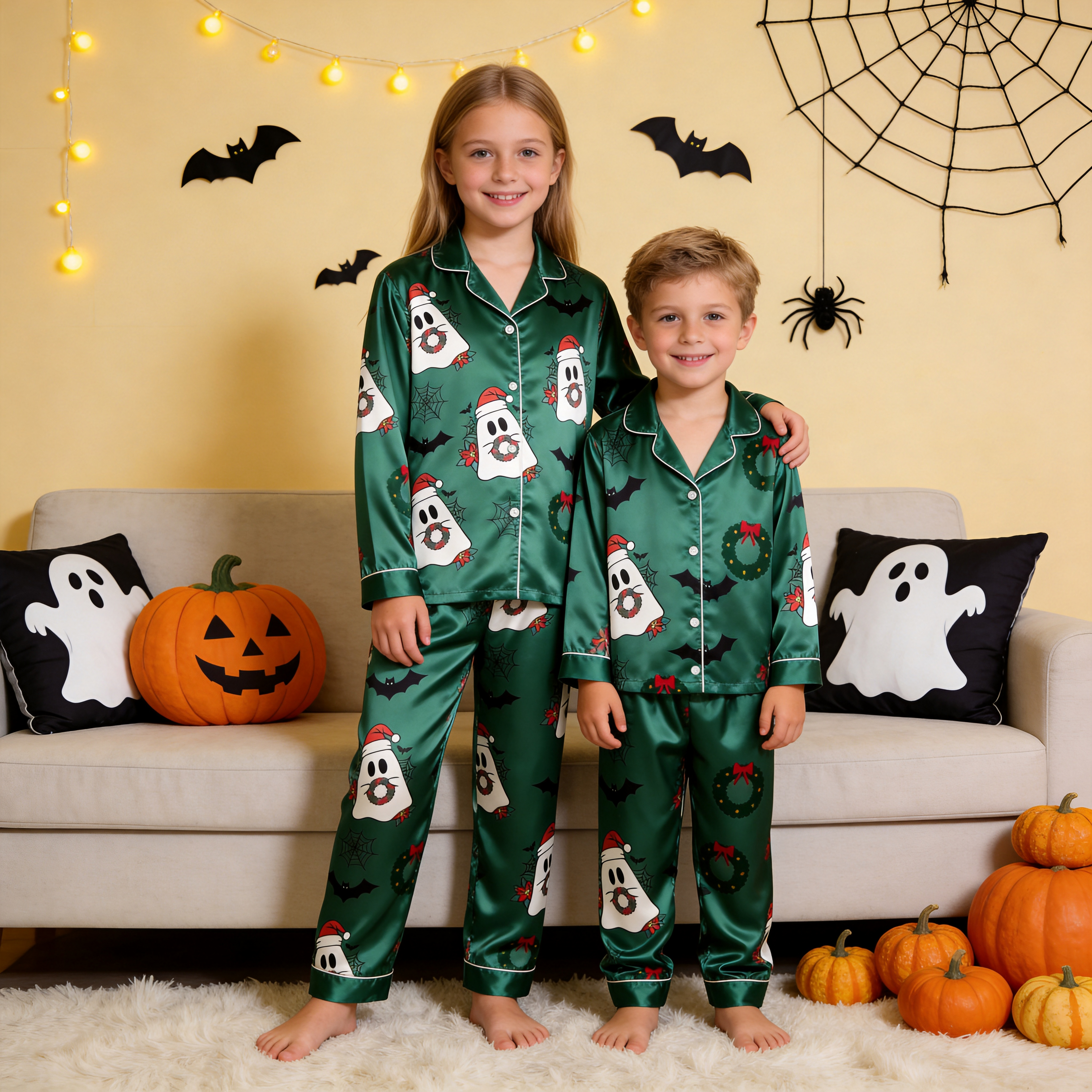 Green Ghost & Wreath Print Satin Button-Up Family Halloween Pajamas Set