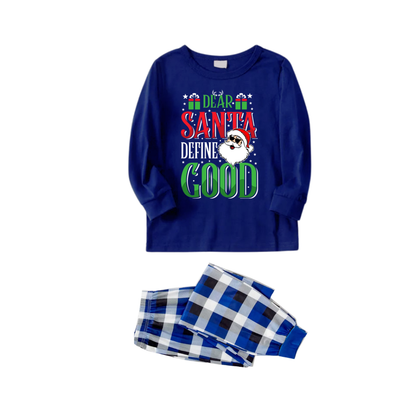 "Dear Santa Define Good" Text Printed Blue and White Plaid Family Matching Pajamas