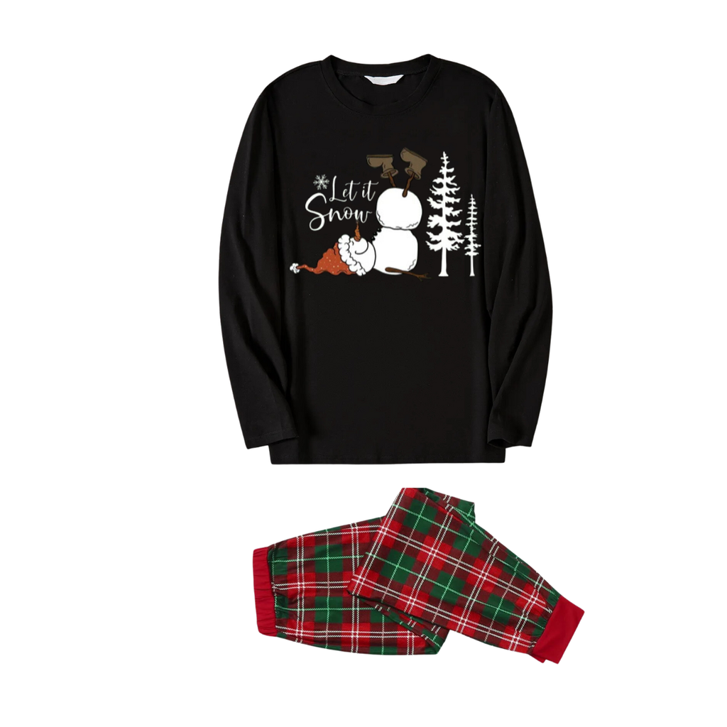 "Let it Snow" Text and Snowman Printed Red and Green Plaid Family Matching Pajamas