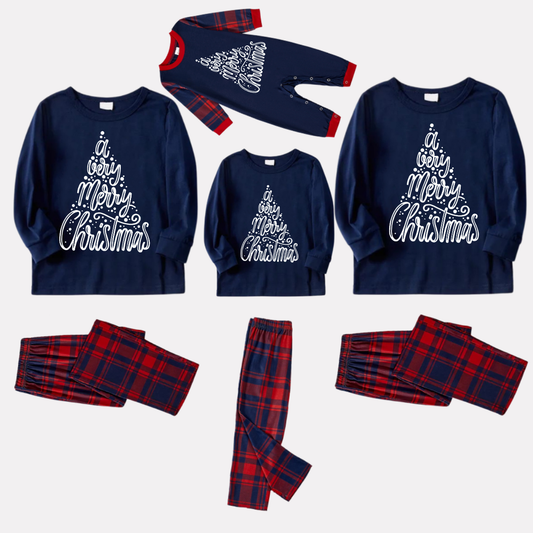"A Very Merry Christmas"  Blue Long Sleeve Top with Blue & Red Plaid Family Matching Pajamas