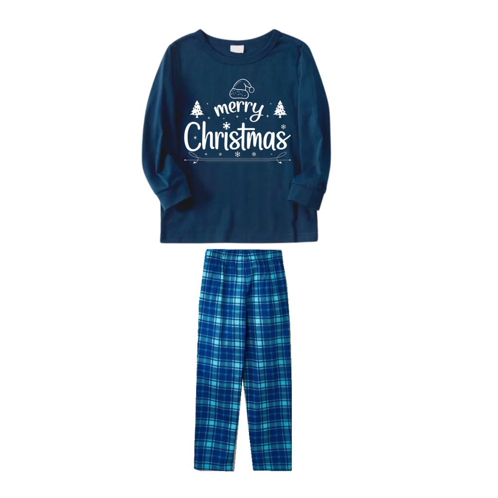 "Merry Christmas" White Letter 2025 Blue Long Sleeve Top With Blue Plaid Couple Matching Pajamas