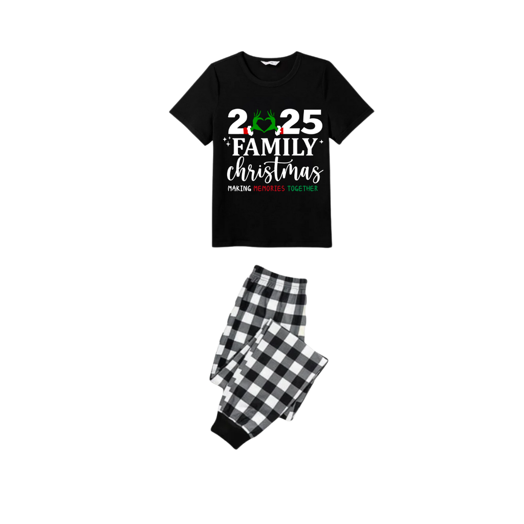Family Christmas 2025 Pajamas Set - Black Top Black and White Plaid Pants Santa Hat and Ornaments Graphic
