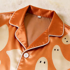 Ghost Print Satin Matching Pajamas for Couples ¨C Long Sleeve Button-Down Top & Pants Sleepwear Set