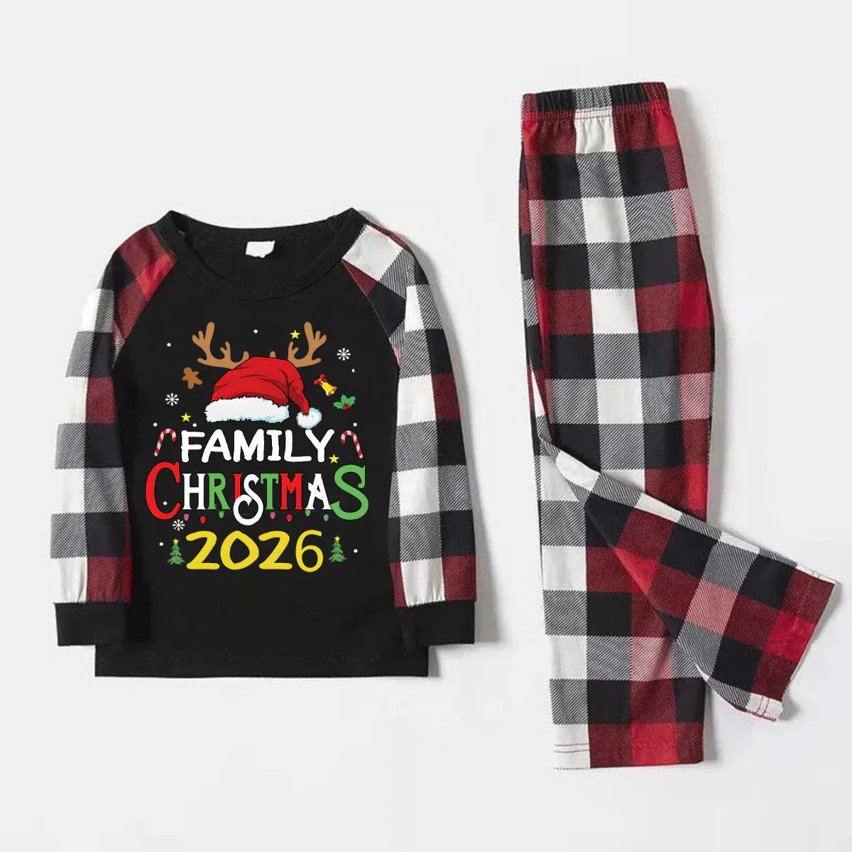 Family Christmas Shirts Santa Hat Christmas Deer Patterned and 'FAMILY CHRISTMAS 2026  ' Letter Print Contrast Tops and Red & Black & White Plaid Pants Family Matching Pajamas Set With Dog Bandana