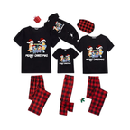 Merry Christmas Cartoon Family Pajamas Set - Black Top Red Pants Red Plaid Pattern Cartoon Family Print