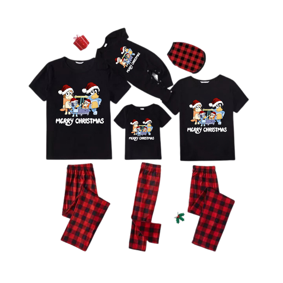 Merry Christmas Cartoon Family Pajamas Set - Black Top Red Pants Red Plaid Pattern Cartoon Family Print
