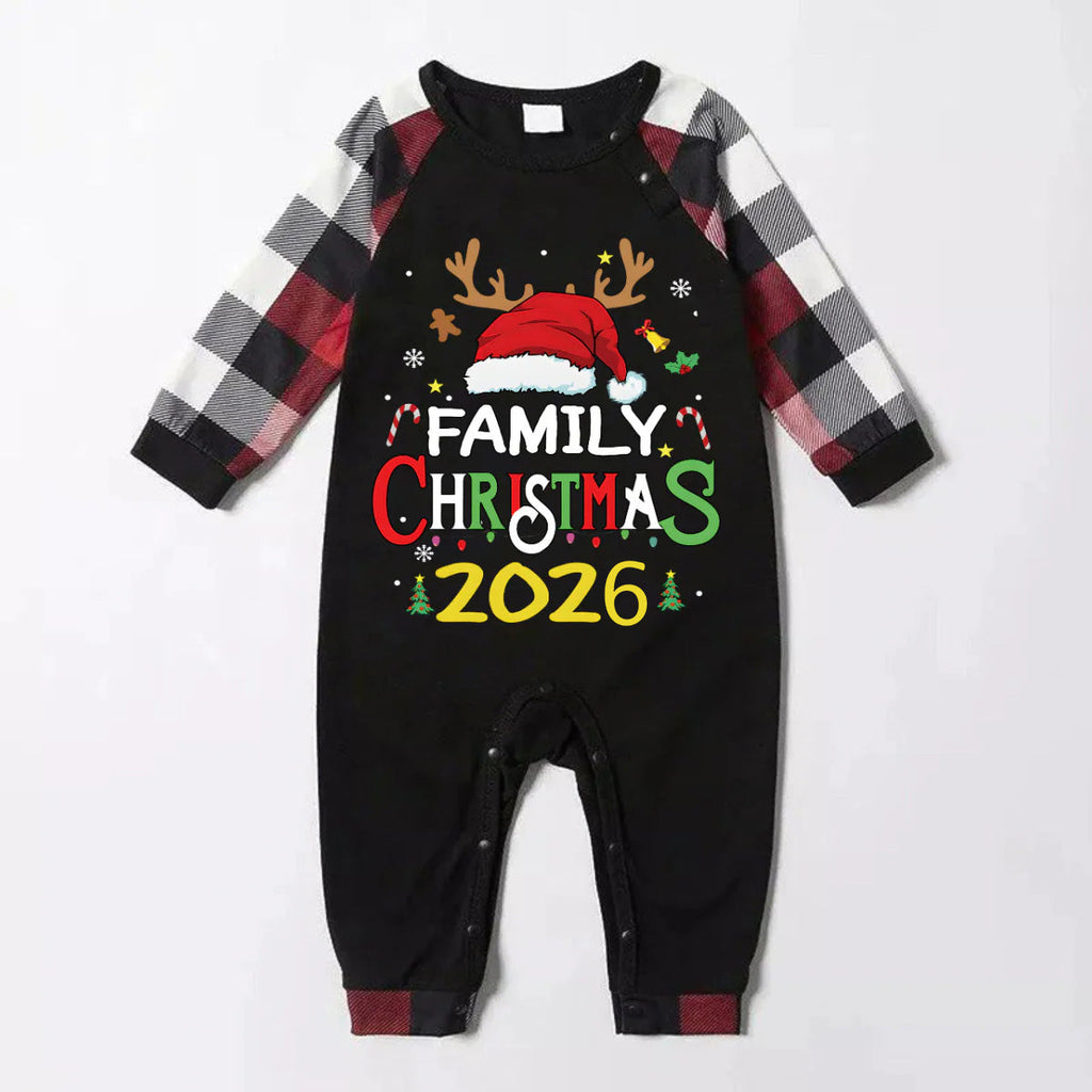 Family Christmas Shirts Santa Hat Christmas Deer Patterned and 'FAMILY CHRISTMAS 2026  ' Letter Print Contrast Tops and Red & Black & White Plaid Pants Family Matching Pajamas Set With Dog Bandana