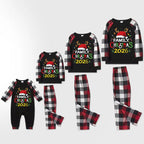 Family Christmas Shirts Santa Hat Christmas Deer Patterned and 'FAMILY CHRISTMAS 2026  ' Letter Print Contrast Tops and Red & Black & White Plaid Pants Family Matching Pajamas Set With Dog Bandana