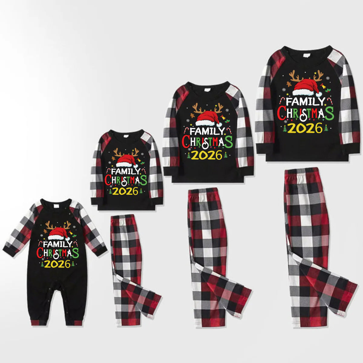 Family Christmas Shirts Santa Hat Christmas Deer Patterned and 'FAMILY CHRISTMAS 2026  ' Letter Print Contrast Tops and Red & Black & White Plaid Pants Family Matching Pajamas Set With Dog Bandana