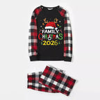 Family Christmas Shirts Santa Hat Christmas Deer Patterned and 'FAMILY CHRISTMAS 2026  ' Letter Print Contrast Tops and Red & Black & White Plaid Pants Family Matching Pajamas Set With Dog Bandana