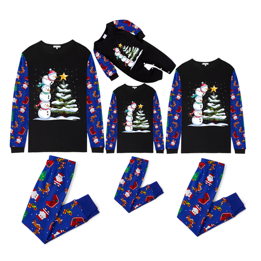Joyful Blue Color-blocked Christmas Pajamas Set with Snowman & Christmas Tree Print