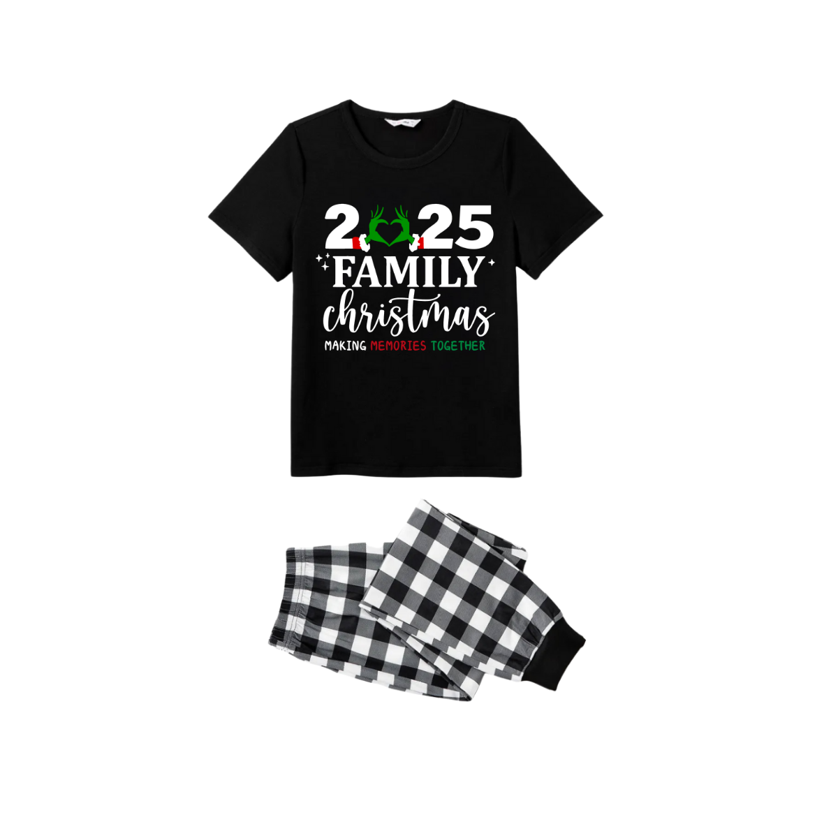 Family Christmas 2025 Pajamas Set - Black Top Black and White Plaid Pants Santa Hat and Ornaments Graphic
