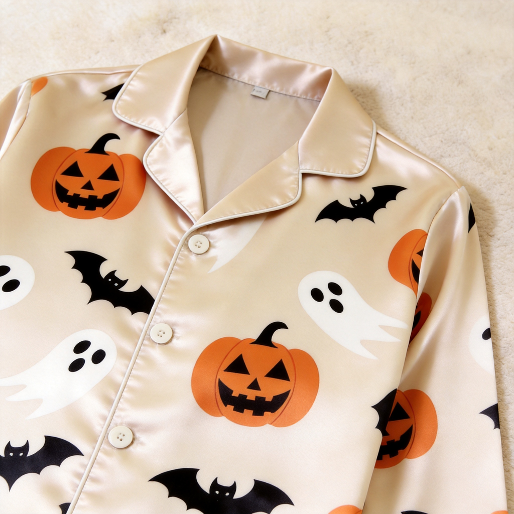 Halloween Pumpkin and Ghost Satin Matching Pajamas for Couples ¨C Long Sleeve Button-Down Top & Pants Sleepwear Set