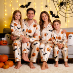Cream Pumpkin Ghost & Bat Print Satin Button-Up Family Halloween Pajamas Set