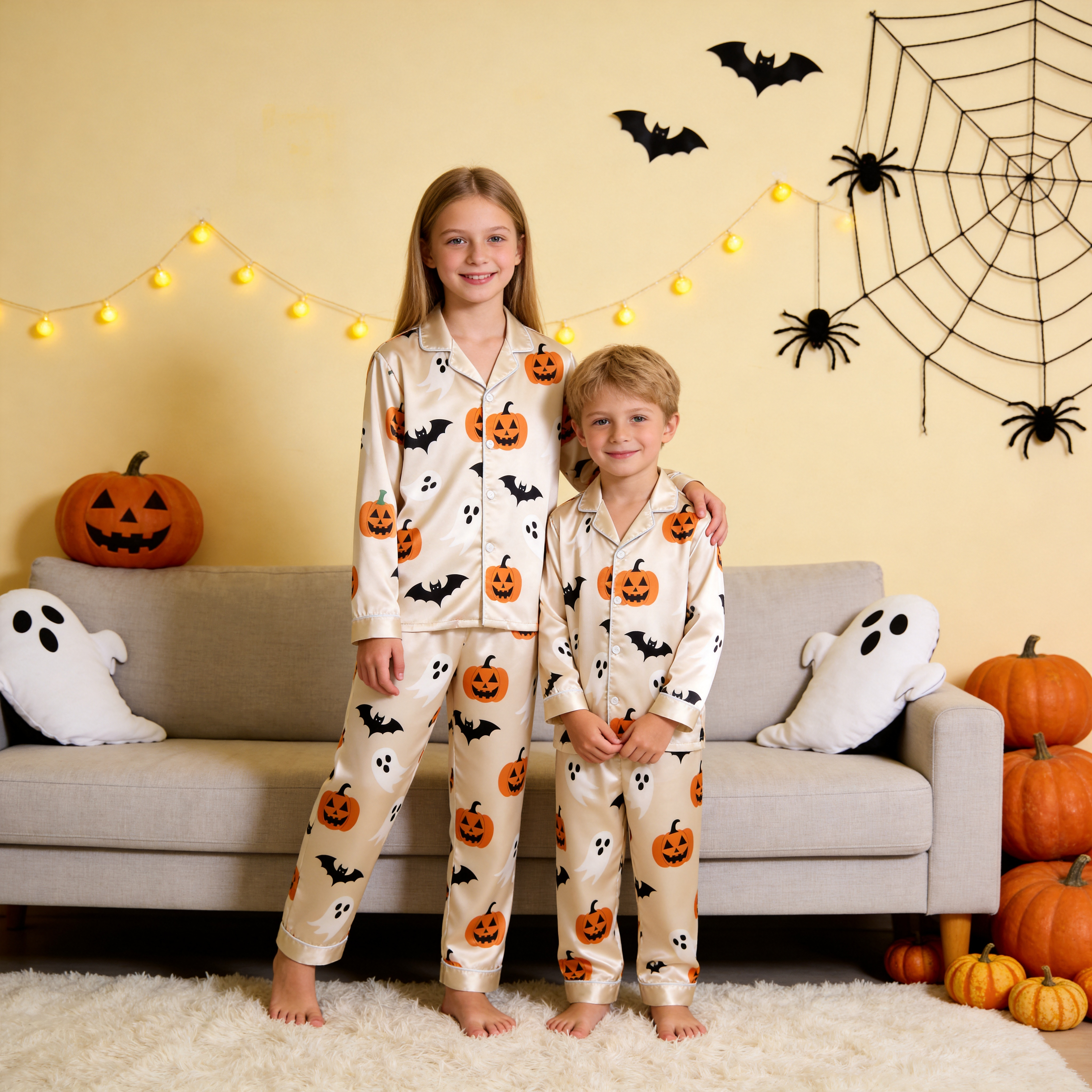 Cream Pumpkin Ghost & Bat Print Satin Button-Up Family Halloween Pajamas Set