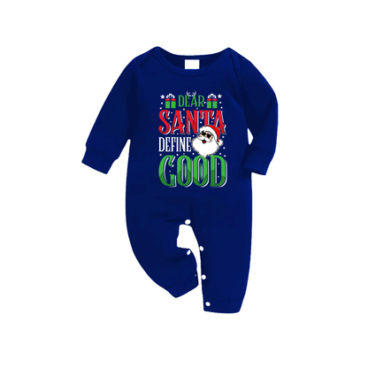 "Dear Santa Define Good" Text Printed Blue and White Plaid Family Matching Pajamas