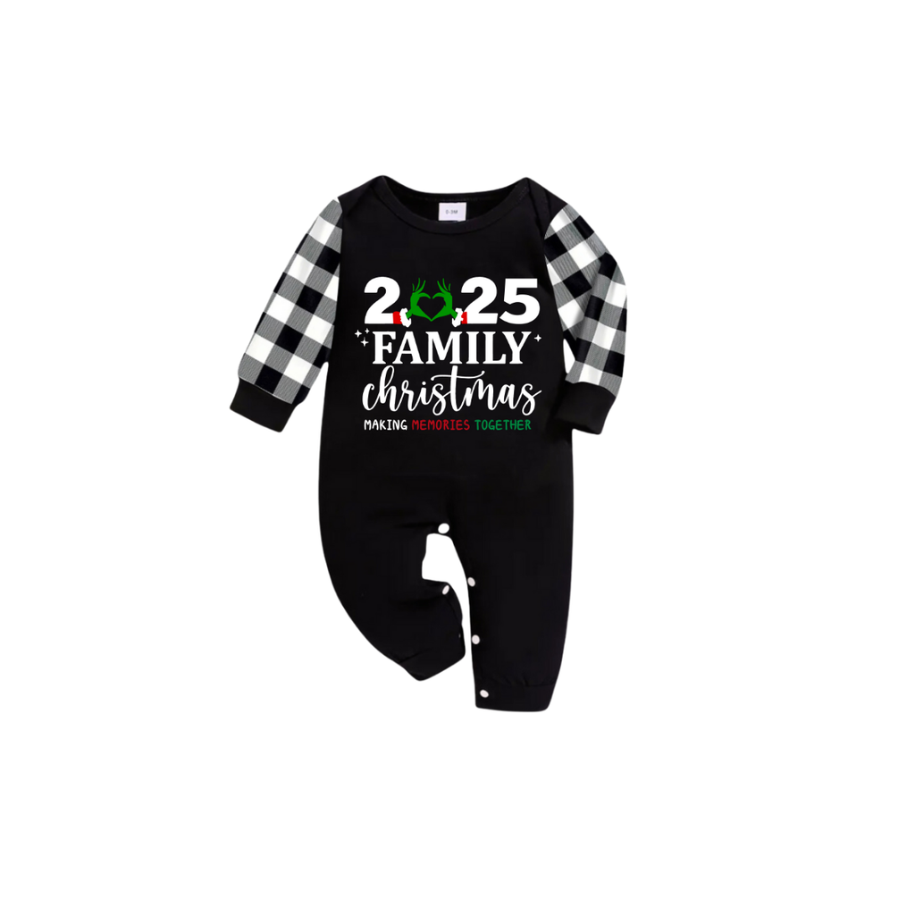 Family Christmas 2025 Pajamas Set - Black Top Black and White Plaid Pants Santa Hat and Ornaments Graphic