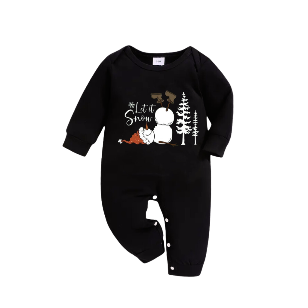 "Let it Snow" Text and Snowman Printed Red and Green Plaid Family Matching Pajamas