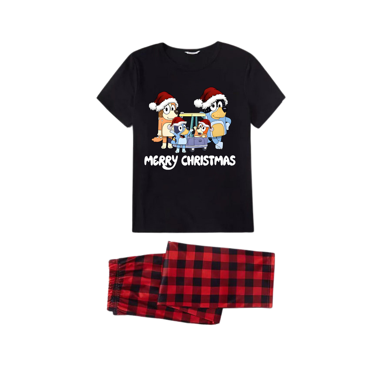 Merry Christmas Cartoon Family Pajamas Set - Black Top Red Pants Red Plaid Pattern Cartoon Family Print