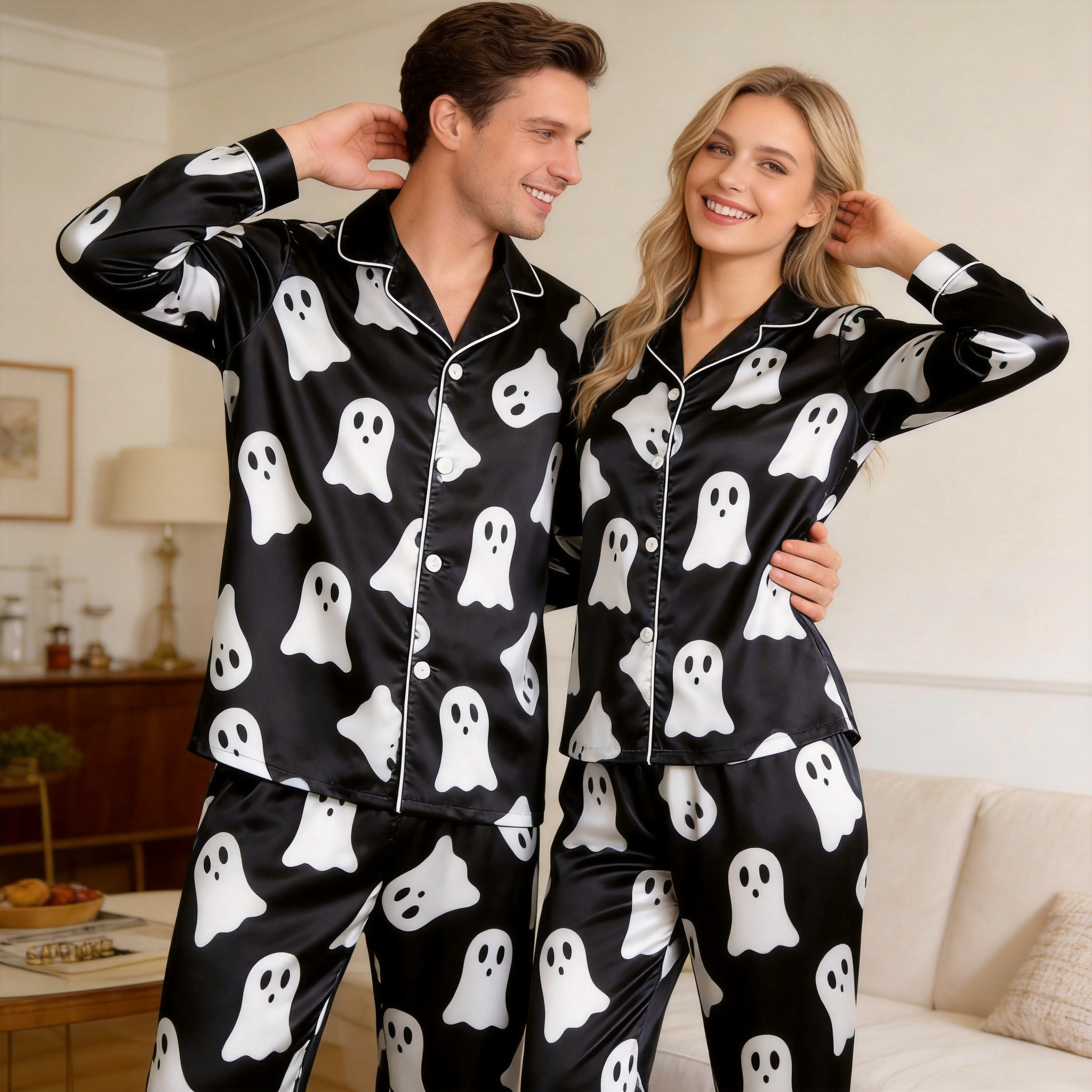 Ghost Pattern Satin Matching Pajamas for Couples ¨C Long Sleeve Button-Down Top & Pants Sleepwear Set