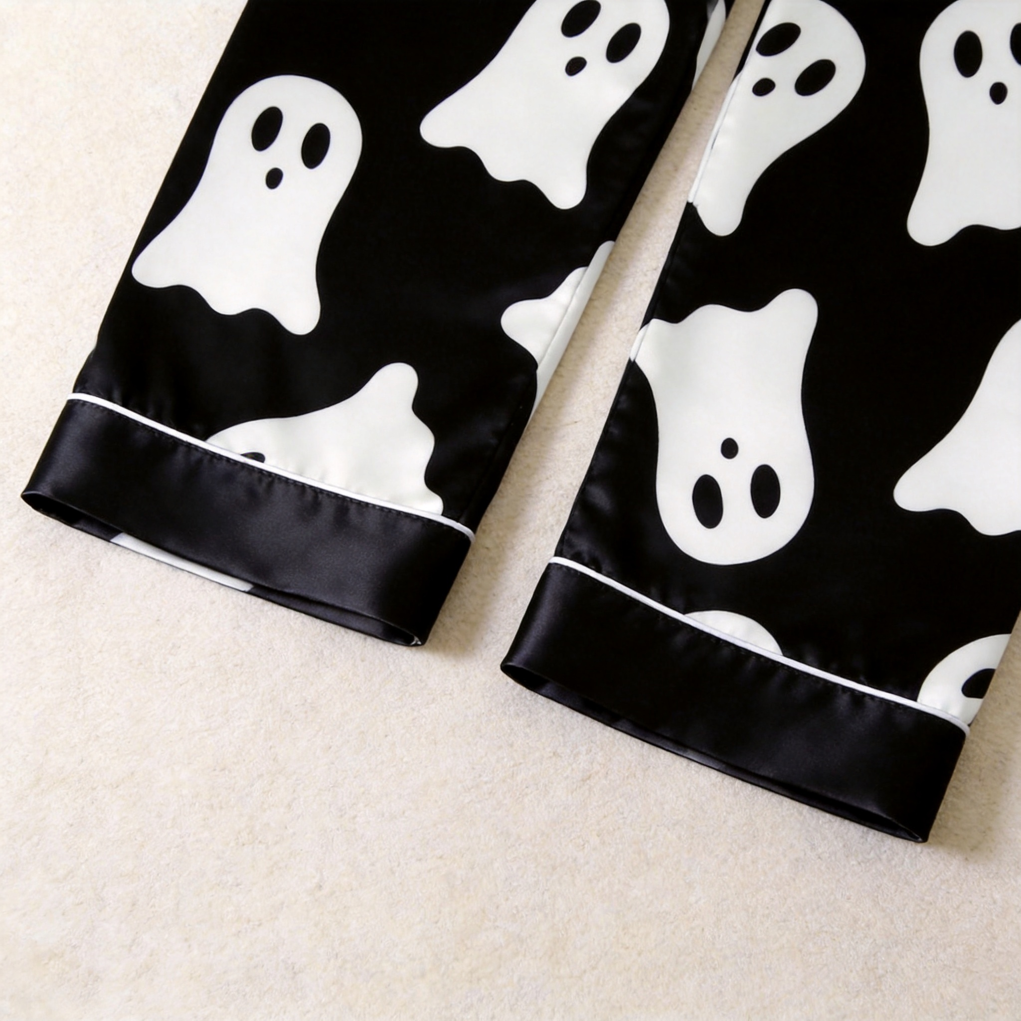 Black Ghost Print Satin Button-Up Family Halloween Pajamas Set