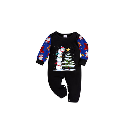 Joyful Blue Color-blocked Christmas Pajamas Set with Snowman & Christmas Tree Print