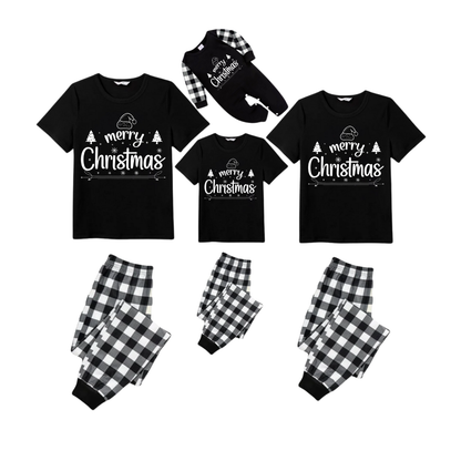 We Wish You a Merry Christmas Tree Family Pajamas Set - Black Top Black and White Plaid Pants Holiday Graphic