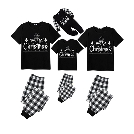 We Wish You a Merry Christmas Tree Family Pajamas Set - Black Top Black and White Plaid Pants Holiday Graphic