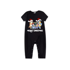Merry Christmas Cartoon Family Pajamas Set - Black Top Red Pants Red Plaid Pattern Cartoon Family Print