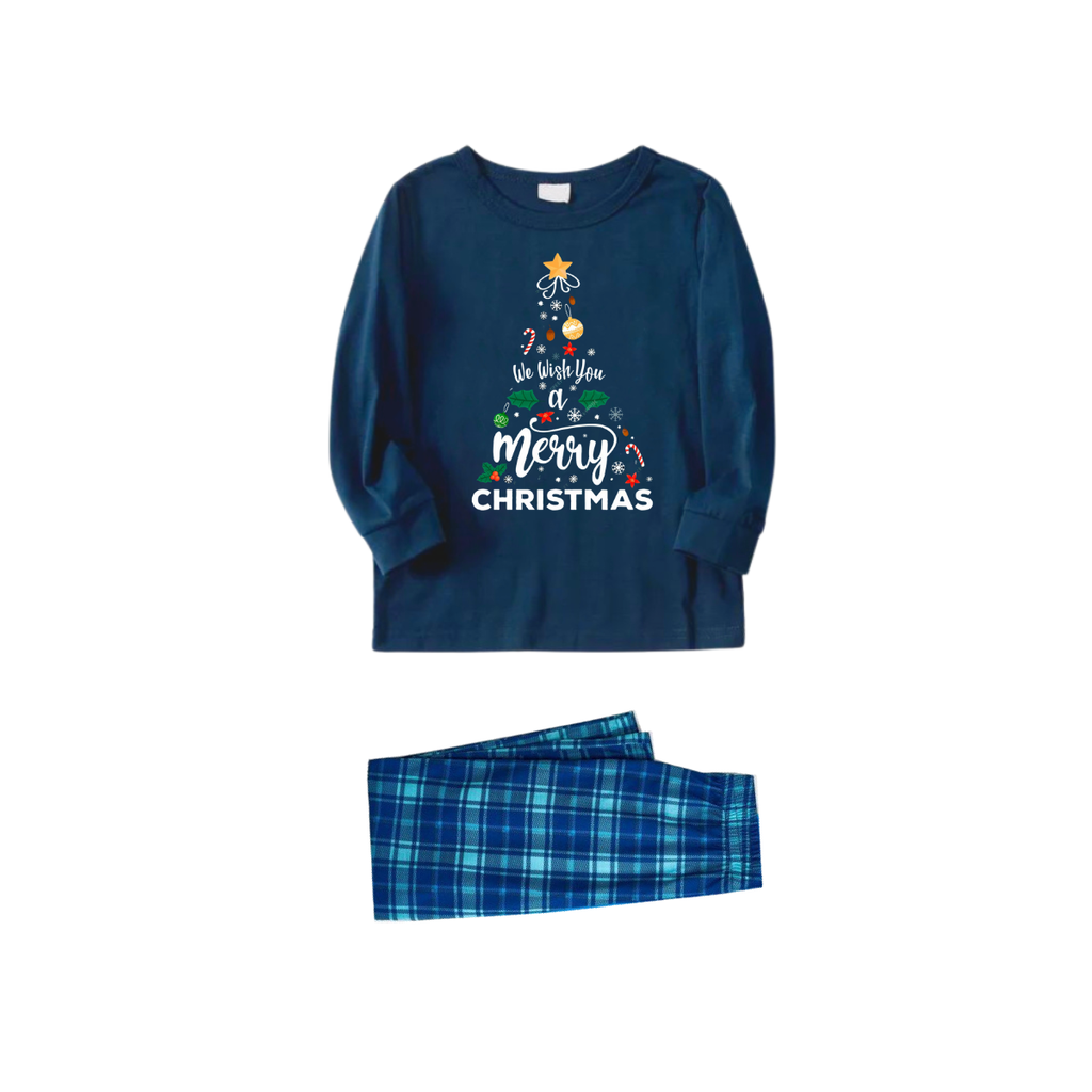 "We Wish You a Merry Christmas" Printed Blue Long Sleeve Top With Blue&Green Plaid Couple Matching Pajamas
