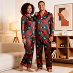 Holiday Snowflake Plaid Satin Matching Pajamas for Couples – Long Sleeve Button-Down Top & Pants Sleepwear Set
