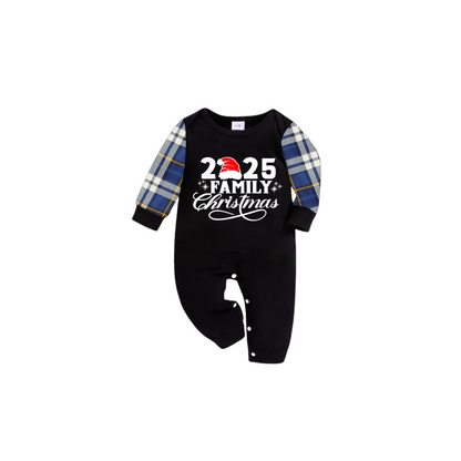 Christmas 2025 Family Matching Family Pajamas Set - Black Top, Blue Pants, Plaid Pattern