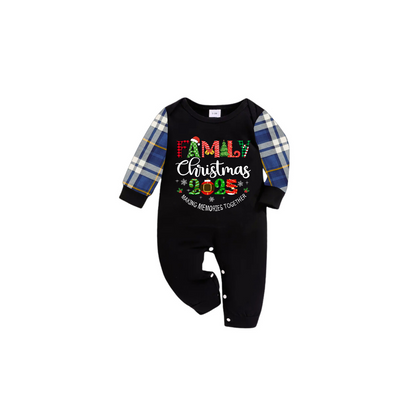 Family Christmas 2025 Making Memories Family Pajamas Set - Black Top, Blue Pants, Blue Plaid Sleeves