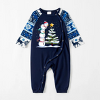 Joyful Blue Christmas Pajamas Set with Snowman & Christmas Tree Print
