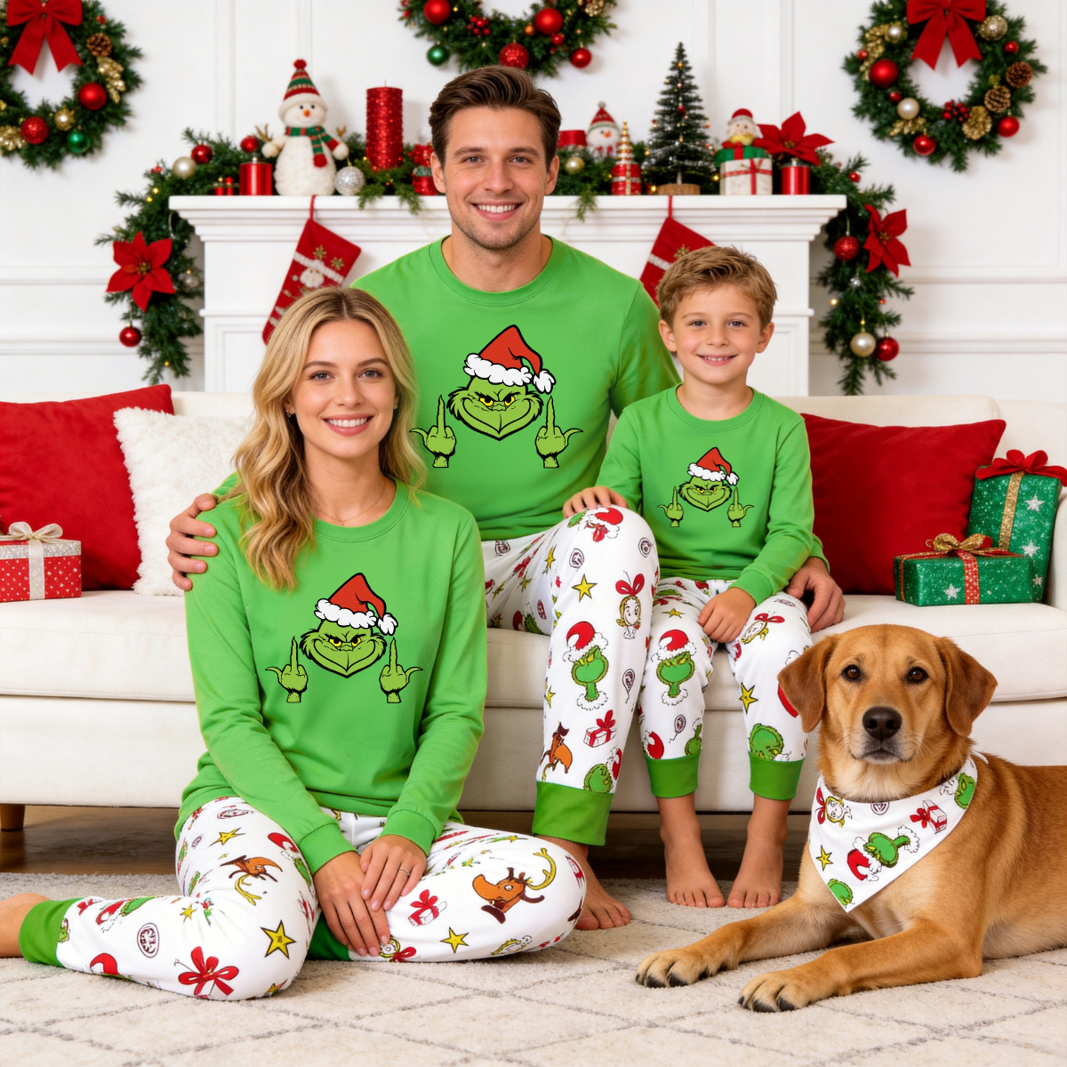 Matching Family Christmas Pajamas Set - Green Grinch Middle Fingers Graphic Top & Print Pants