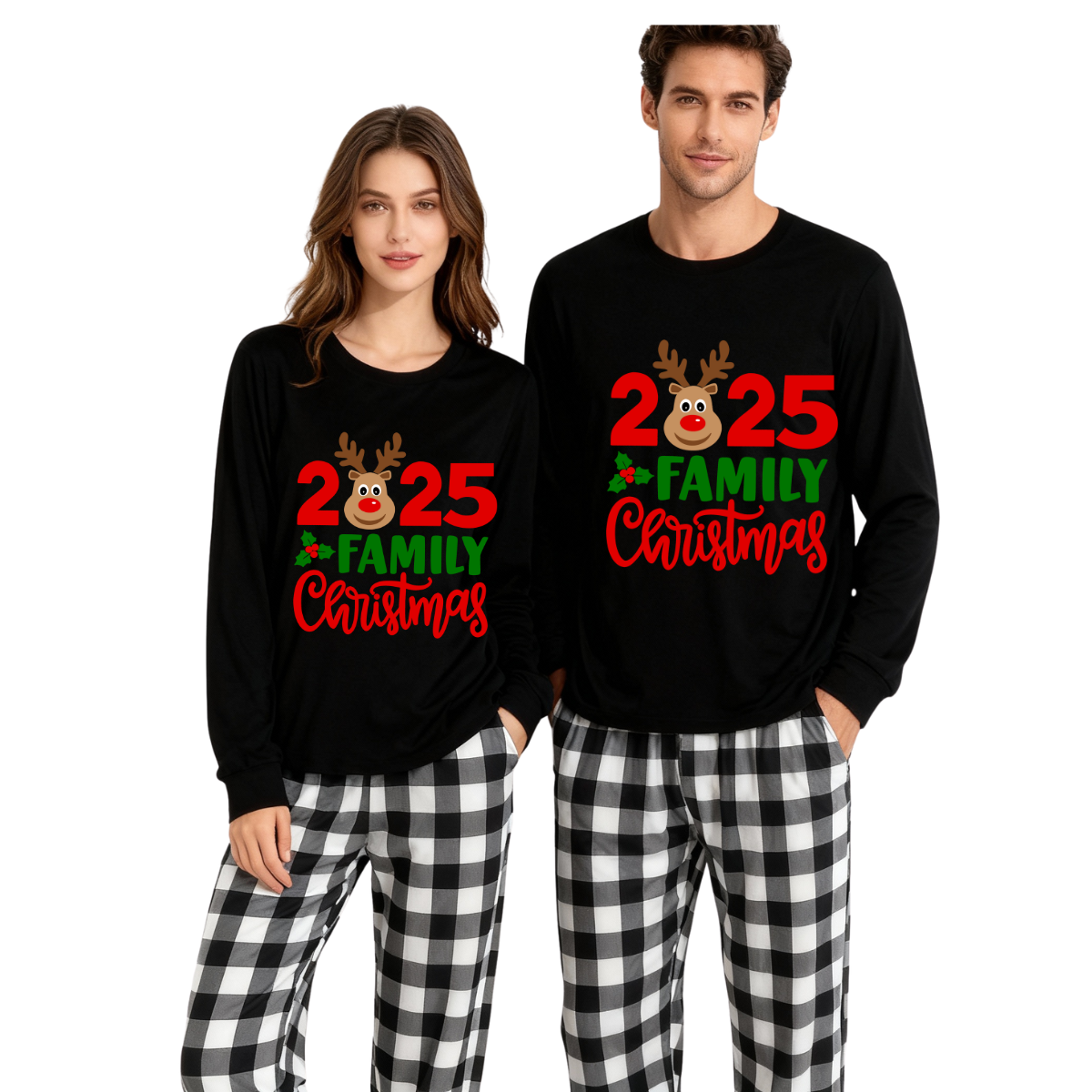 "2025 Family Christmas" Moose Letter Print Black Long Sleeve Top with Black And White Plaid Pants Family Matching Pajamas