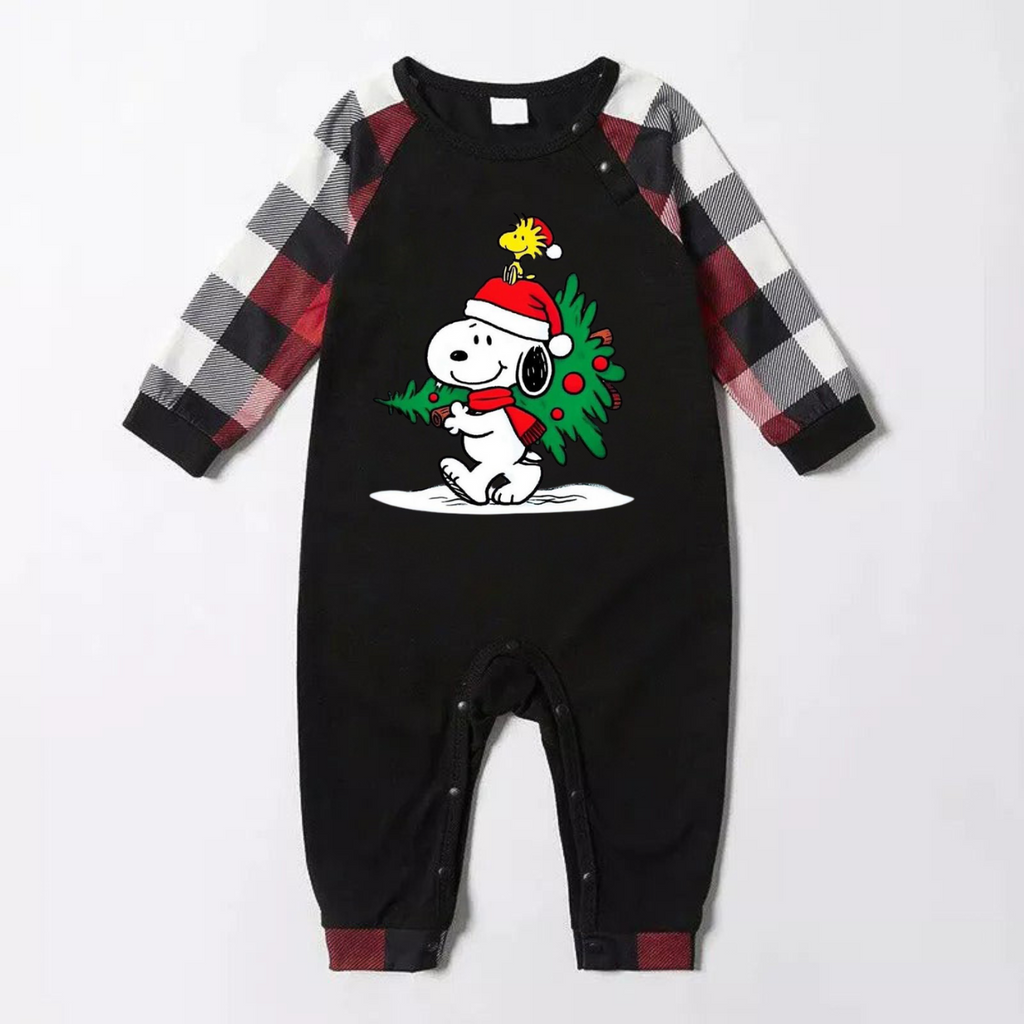 Snoopy Dog Printed Black and Red Plaid Christmas Family Pajama Set
