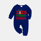 "Family Christmas 2025" Text and Deer Printed Blue and White Plaid Family Matching Pajamas