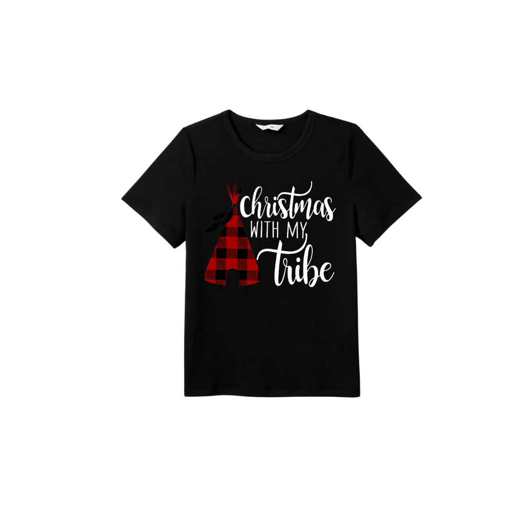 Christmas with My Tribe Family Pajamas Set - Black Top Red Pants Red Plaid Sleeves Teepee Print