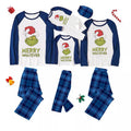Christmas Cartoon and Letter Print Long Sleeve Top and Blue Plaid Pants Family Matching Pajamas