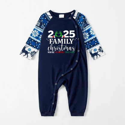 "2025 Family Christmas" Quirky Heart Letter Print Blue Long Sleeve Family Matching Pajamas With Dog bandana