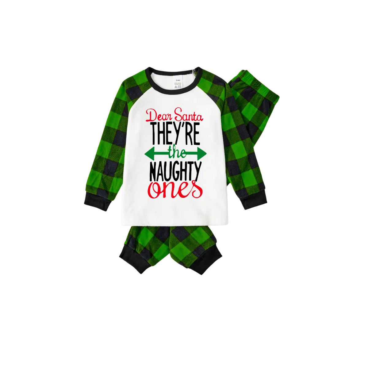 Dear Santa Naughty Ones Family Pajamas Set - White Top, Green Plaid Pants, Plaid Sleeves