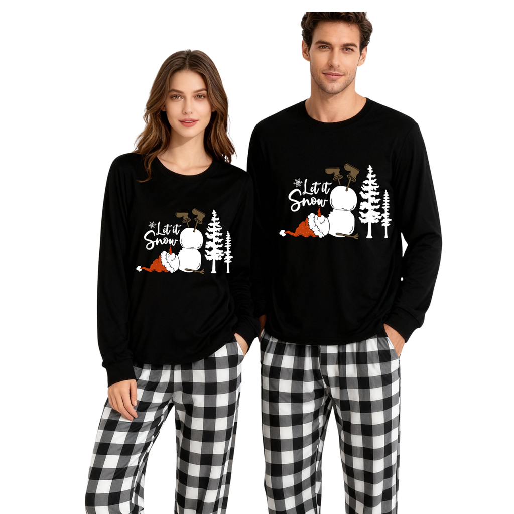 "Let it Snow" Text and Snowman Prints Black and White Plaid Family Matching Pajamas