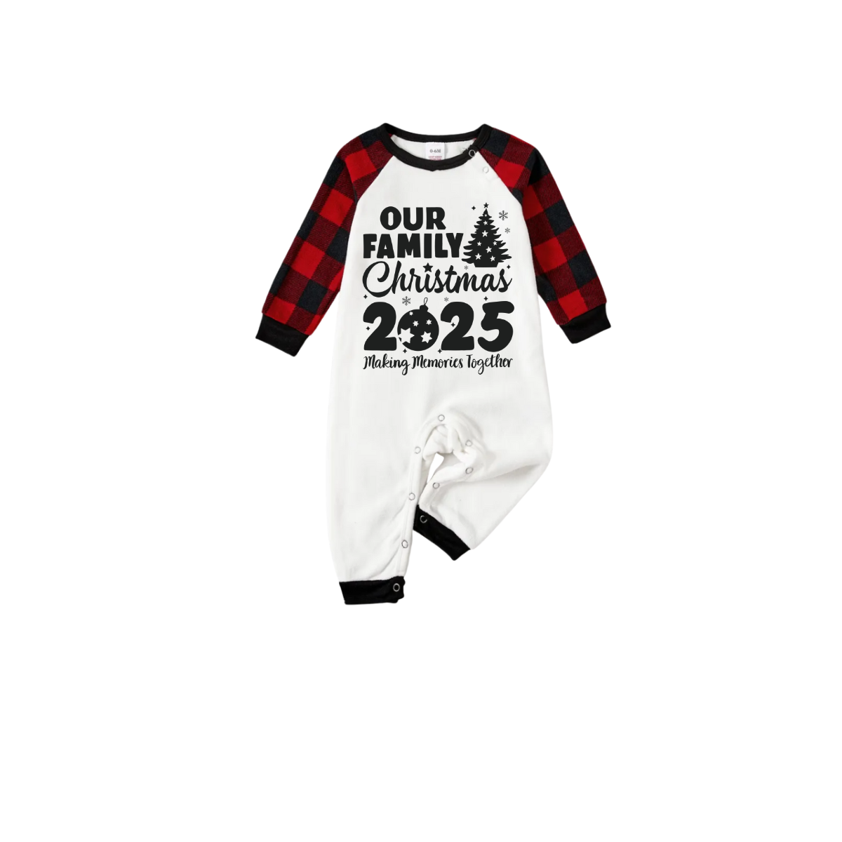 Our Family Christmas 2025 Family Pajamas Set - White Top, Red Plaid Pants, Black Sleeves, Christmas Tree and Ornaments Print