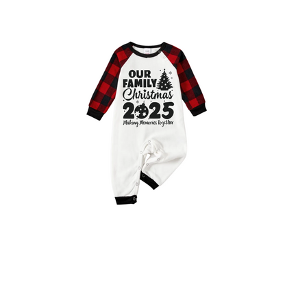 Our Family Christmas 2025 Family Pajamas Set - White Top, Red Plaid Pants, Black Sleeves, Christmas Tree and Ornaments Print