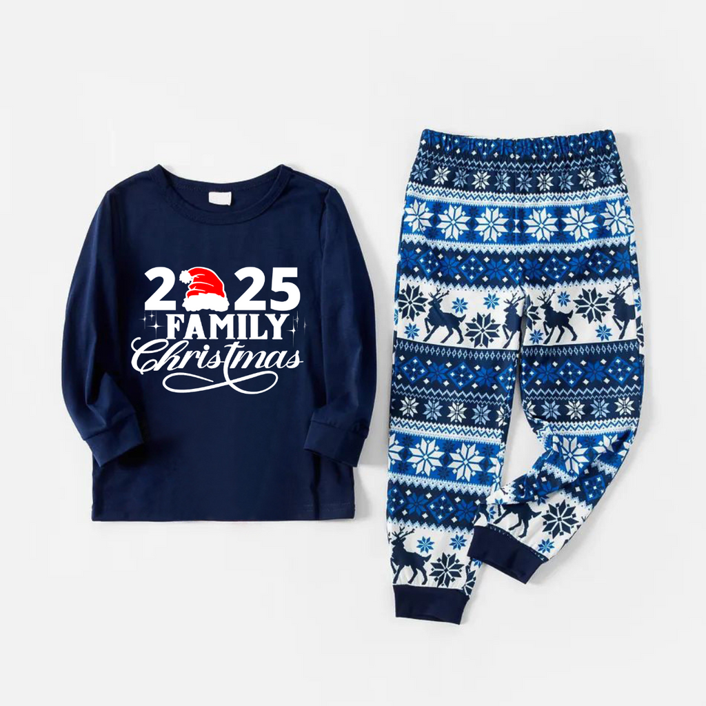 "2025 Family Christmas" Letter Print Blue Family Matching Pajamas Sets