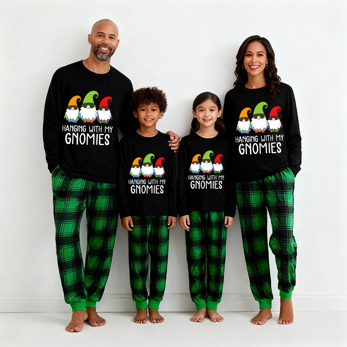 "HANGING WITH MY GNOMIES" Green and Black Plaid Family Matching Pajamas